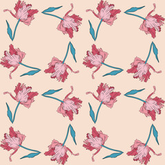 Terry pink pretty tulips. Seamless pattern. Hand drawn vector illustration. Line art. Texture for print, fabric, textile, wallpaper.