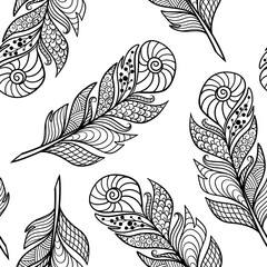 Wall Mural - Seamless pattern with abstract zenart style feathers, coloring page