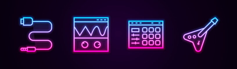 Sticker - Set line Audio jack, Oscilloscope, Drum machine and Electric bass guitar. Glowing neon icon. Vector