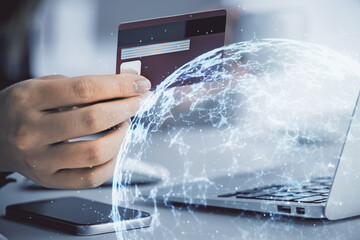 Poster - Multi exposure of woman on-line shopping holding a credit card and social network theme drawing. Relationship E-commerce concept.