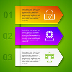 Sticker - Set line First aid kit, Lying burning tires and Scales of justice. Business infographic template. Vector