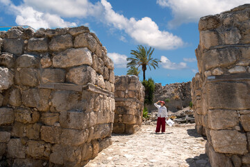 tourist with a map on a tour of the Megido Museum in Israel. sunny day and good mood on excursions