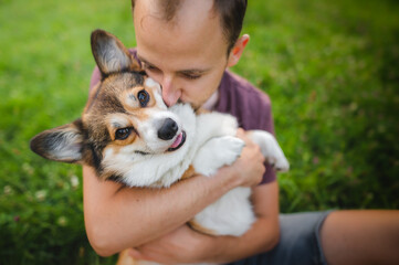 Wall Mural - Sable welsh corgi pembroke and his owner, happy and relaxed during a walk in a park