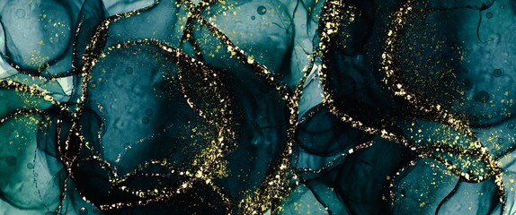 dark turquoise alcohol ink background with gold design glitter, kintsugi design, luxury liquid marbl