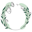Eustoma - subtelny wianek w stylu akwarelowym. Okrągła kwiatowa ramka - kontury listków i kwiatów z dodatkiem zieleni i z różowymi akcentami w postaci kropek. Romantyczny, kobiecy wzór ślubny.