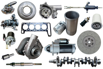 Big collection of mechanical auto parts for maintenance and car repair. Set with many isolated items for shop or aftermarket.