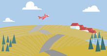 Autumn Landscape With Gold Fields,. Lake, And Red Plane Vector Illustration.