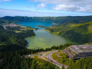 Aerial drone shot of sete cidades lakes in Sao Miguel, Azores.