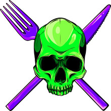 Human Skull With A Spoon And Fork. Illustration For Design