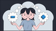 A cartoon of a young woman swinging her head back and forth between looking at a thought bubble of a positive and negative symbol, each bubble is held in her upraised hands.  