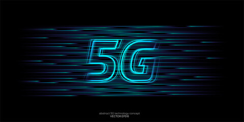 Poster - Vector 5G hight speed network technology concept by blue light lines speed motion pattern isolated on black background for banner, logo, symbol.