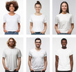 Group of young people in white t-shirts. Collage of 6 men and women wearing blank tshirt with copy space for your logo