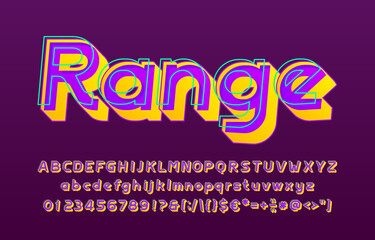 Poster - Range alphabet font. 3D effect letters, numbers and punctuations. Uppercase and lowercase. Retro-futuristic vector typescript for your typography design.