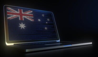 Flag of Australia made with computer code on the laptop screen. Hacking or cybersecurity related 3d rendering