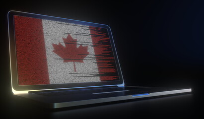 Flag of Canada made with computer code on the laptop screen. Hacking or cybersecurity related 3d rendering