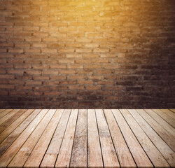 Wall Mural - Old wood table with abstract old brick wall with light background for product display