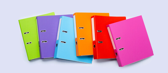 Office folders on white background. Top view