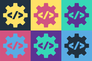 Pop art Web design and front end development icon isolated on color background. Vector