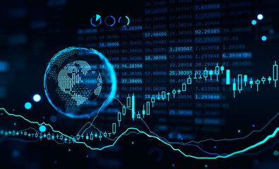 Poster - Holographic Earth with diagram and data, dark blue, neon shades