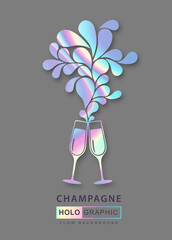 Wall Mural - Modern holographic fluid two champagne glasses vector icon.