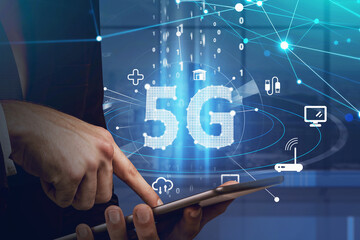 Poster - Businessman working with tablet device and browsing the Internet using touch screen. Blue hologram icons of 5G digital network. Wireless systems and high speed signal