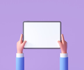 Poster - 3d cartoon hand holding tablet isolated on purple background, hand using tablet mockup. 3d render il