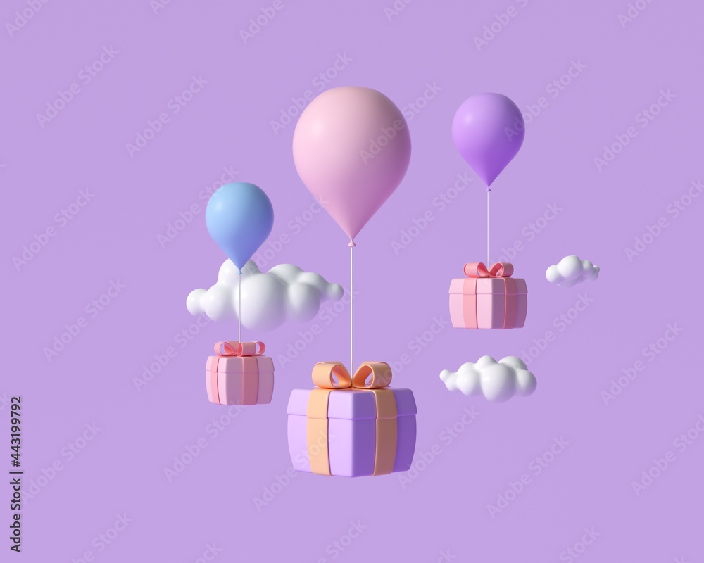 3D Flying gift box with balloons, online shopping, greeting, and ...