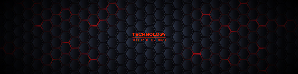 Dark gray and red horizontal hexagonal 3d technology abstract vector background. Red bright energy flashes under hexagon in futuristic modern technology wide banner. Dark gray honeycomb texture grid