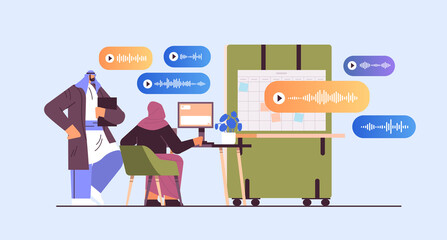 Poster - arab businesspeople communicate by voice messages audio chat application social media online communi