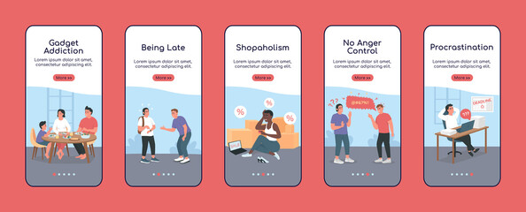 Poster - bad habits onboarding mobile app screen flat vector template. gadget addiction. walkthrough website 