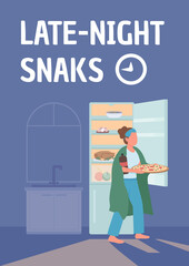 Poster - Late night snacks poster flat vector template. Stress eating. Bad habit. Brochure, booklet one page concept design with cartoon characters. Unhealthy lifestyle flyer, leaflet with copy space