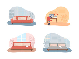 Fototapete - Living room and bedroom 2D vector isolated illustration. Sofa with cushions. Desk with computer screen. Lifestyle and living. Cosy apartment flat interior on cartoon background. Home colourful scene