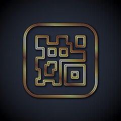 Gold line QR code sample for smartphone scanning icon isolated on black background. Vector