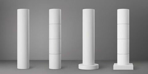 Base white cylindrical columns set isolated on grey background. Realistic 3d pillar for modern room interior or bridge construction. Vector render pole base for banner or billboard