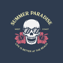 Summer Paradise, Fancy Skull In Sunglasses With Hibiscus T-shirt Print. Design For Poster, Print On The Theme Of Summer.