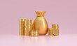 Stack of gold coins and a sack of money on a pink background. abundance concept.