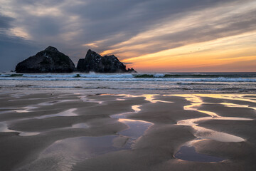 Wall Mural - absolutely stunning landscape images of holywell bay beach in cornwall uk during golden hojur sunset
