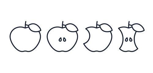 Apple icon. Vector. Half, bitten, whole and apple core in line art design. Outline signs isolated on white background. Ripe healthy fruits with editable stroke. Simple illustration. Set linear symbols