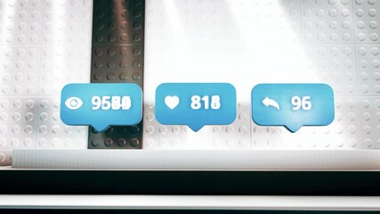 Poster - Growing numbers of views, likes, and shares, concept of social media and online information absorption. Motion. Blue social net icons on the pedestal under spotlights.