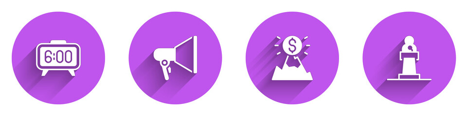 Poster - Set Digital alarm clock, Megaphone, Mountains with flag and Speaker icon with long shadow. Vector