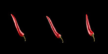 Red Jalapeno Set. Spicy Chile Cayenne Pepper Isolated. Red Hot Chili Paprika Collection On Black Background. Fresh Spice Vegetable Concept.