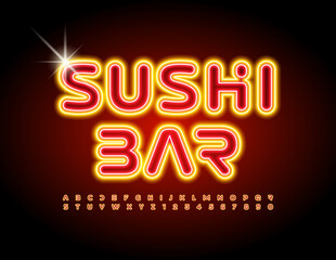 Aufkleber - Vector glowing emblem Sushi Bar. Techno Neon Font. Bright light Alphabet Letters and Numbers set
