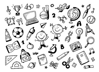 Leinwandbilder - Schoolkids with lots of school things. Outline clipart collection