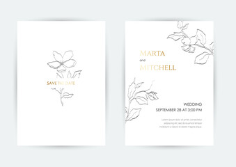 Minimalist wedding invitation card template design, golden line art drawing. Good for poster, card, invitation, flyer, cover, banner, placard, brochure and other graphic design.