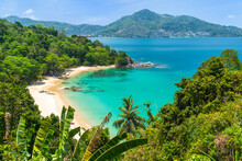 Laem Sing Viewpoint And Secret Peaceful Beach With Crystal Clear Turquoise Blue Water, Phuket, Thailand