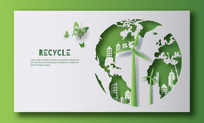 Wall Mural - Recycle banner design, earth, windmill, and a city, save the planet and energy concept, paper illustration, and 3d paper.