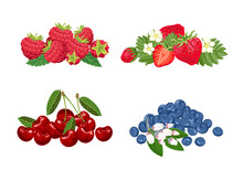 Heaps Of Wild Berries Set. Vector Illustration Of Strawberry, Blueberry, Raspberry And Cherry. Healthy Organic Food In Cartoon Flat Style.
