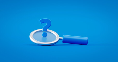 Poster - blue question mark and search magnifying glass symbol concept on find faq background with discovery 