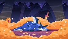 Cartoon Dragon On Gold. Fairy Tale Creature Beast Lying On Pile Of Treasures In Dark Cave. Flying Dinosaur Character. Reptile Sleeping In Dungeon With Golden Coins. Vector Background