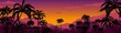 Palm tree silhouette background. California sunset landscape with exotic plants on horizon. Tropical forest and mountains. Scenic night sky. Nature panorama. Vector hot coast wallpaper